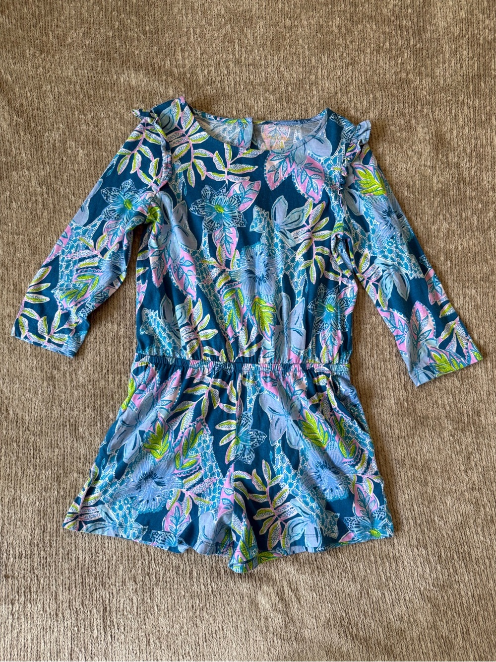 Lilly Pulitzer Girls Floral Romper Blue Pink Green Size Large 8-10
